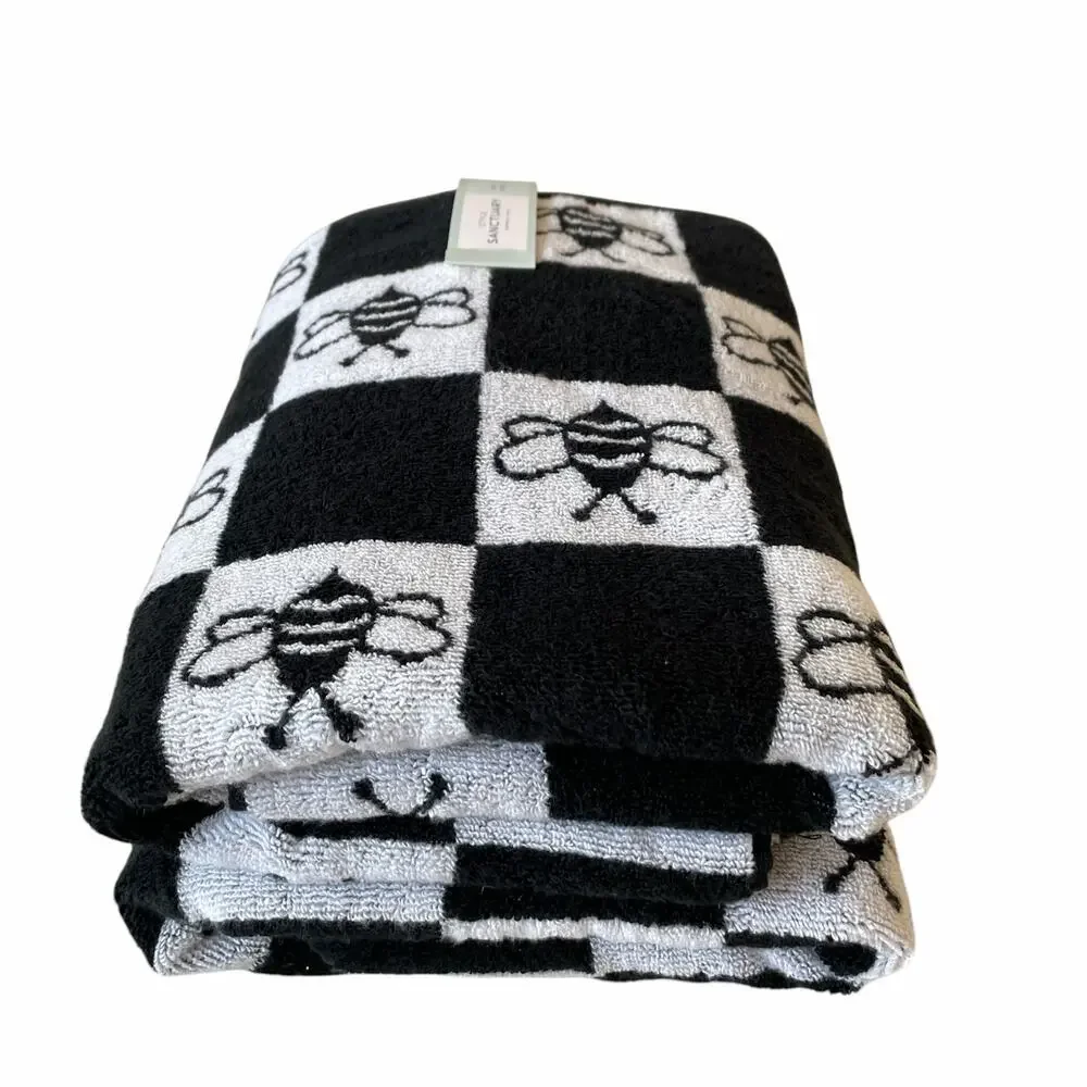 Chic Black & White Checkered BEE Hand Towel Set of 2 100% Cotton
